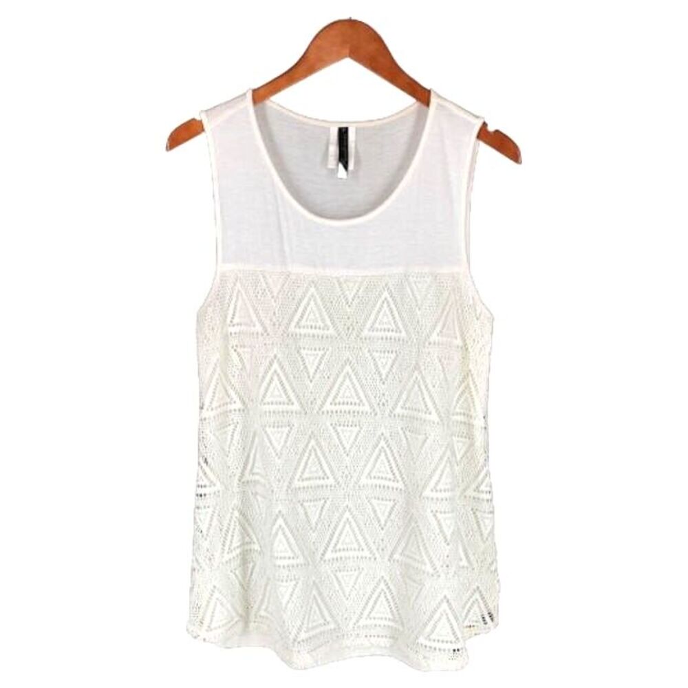 Rendezvous Crochet Knit Tank Top L Cream Ivory Triangles Stretch Sheer Overlay